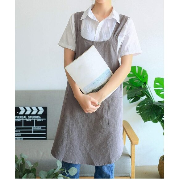 Soft Cotton Linen Apron Cross Back X-Shaped Japanese Style Pinafore Dress for Co - Picture 7 of 7